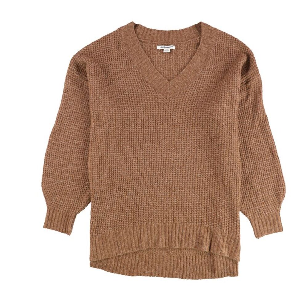 American Eagle Womens V-Neck Waffle Knit Sweater, Brown, S, DM